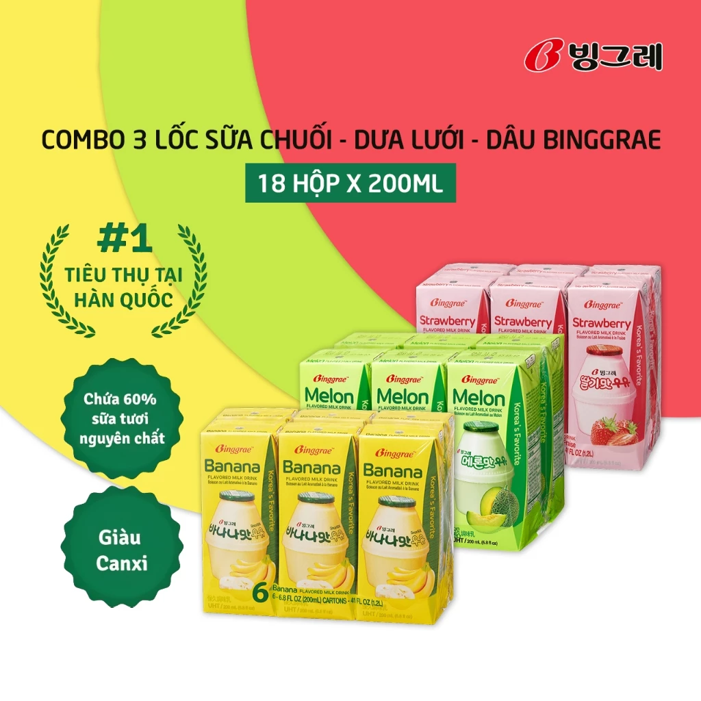 4-1 【Combo 3 Lốc - 18 Hộp】Sữa Tươi Trái Cây Binggrae Hàn Quốc 200ml (Mix Vị Chuối/Dưa Lưới/Dâu/Khoai Môn/Hạt Dẻ/Cà Phê/Vani) - Ảnh 1